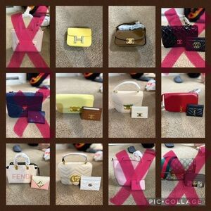 Tan and White Shoulder Bag with Gold Hardware